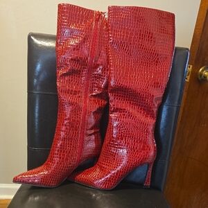 Fashion Nova Shiny Red Embossed Heeled Boots